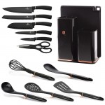 BERLINGERHAUS Sada nožů ve stojanu + kuchyňské náčiní a prkénko sada 13 ks Black Rose Collection