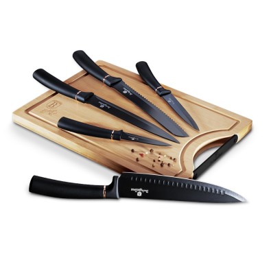 BERLINGERHAUS Sada nožů s nepřilnavým povrchem + prkénko 6 ks Black Rose Collection